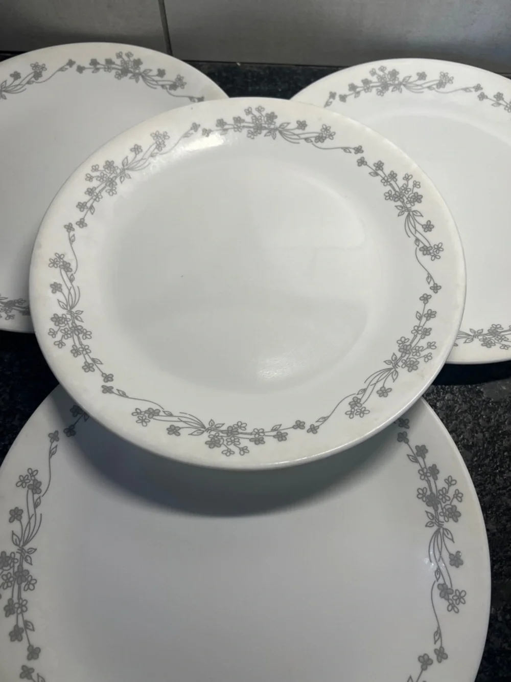 Vintage Corelle Ribbon Boquet Dinner Plates with Grey Floral Border  Set of 5